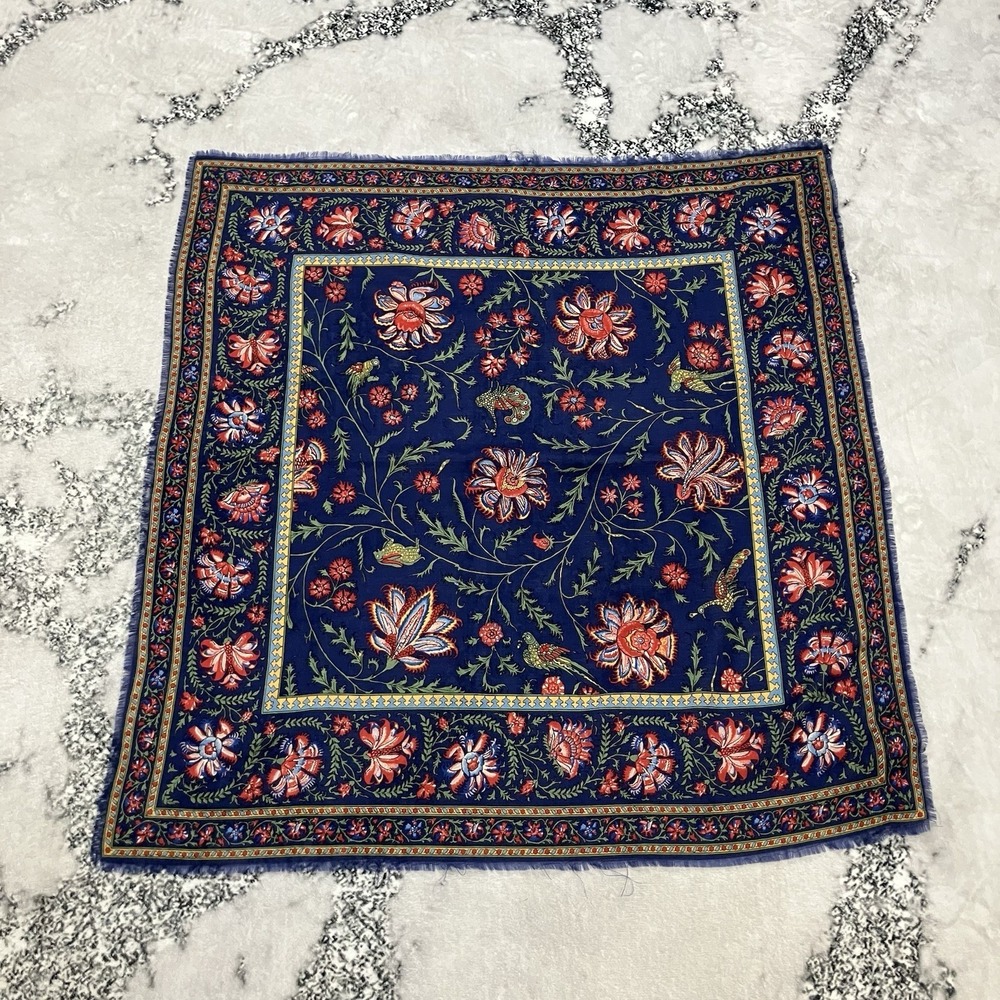 Museum of Fine Arts Boston Floral Birds Wool Scarf Made in Japan Blue Red Square